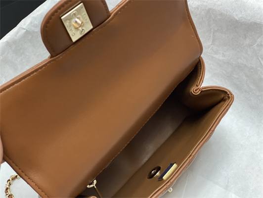 cha.nel small flap bag with Di*m*nd top handle lambskin gold tone metal brown as4141