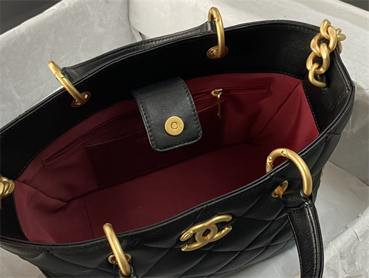 Cha.nel Tote Bag Lambskin Gold Tone Metal Black AS4188