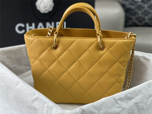 Cha.nel Tote Bag Lambskin Gold Tone Metal Yellow AS4188