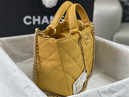 Cha.nel Tote Bag Lambskin Gold Tone Metal Yellow AS4188