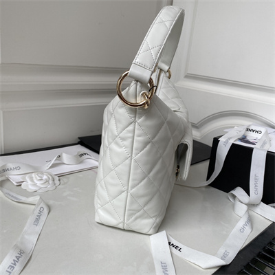 Cha.nel Large Hobo Bag Calfskin Gold Tone Metal White AS4347