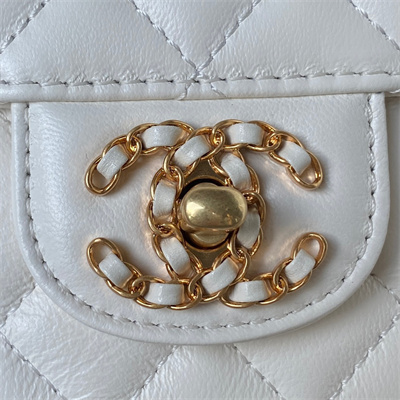 Cha.nel Mini Flap Bag With Top Handle Lambskin Gold Tone Metal White AS4362