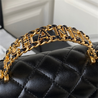 Cha.nel Mini Flap Bag With Top Handle Lambskin Gold Tone Metal Black AS4362