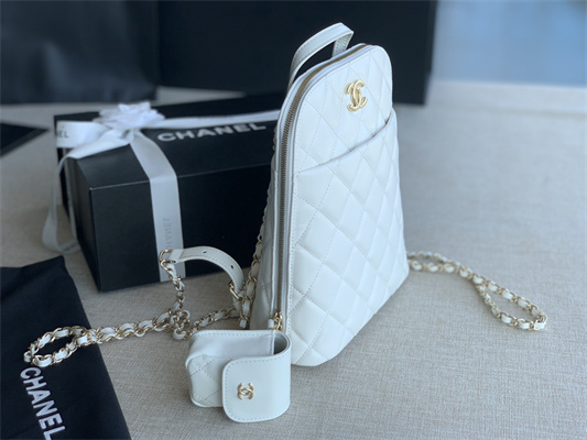 Cha.nel Backpack Grained Calfskin Gold Tone Metal White AS3332