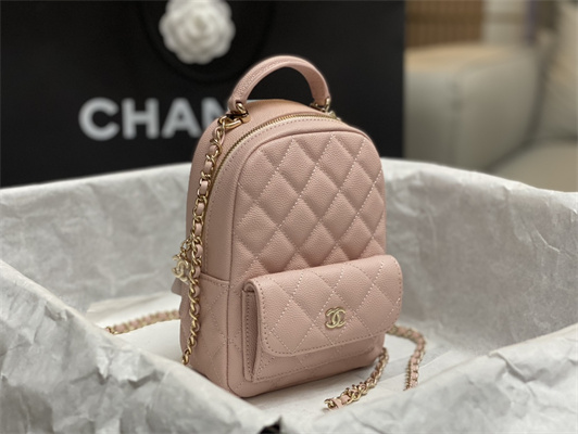 Cha.nel Classic Mini Backpack Grained Calfskin Gold Tone Metal Pink AP3573