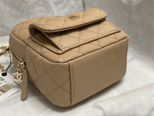 Cha.nel Classic Mini Backpack Grained Calfskin Gold Tone Metal Beige AP3573