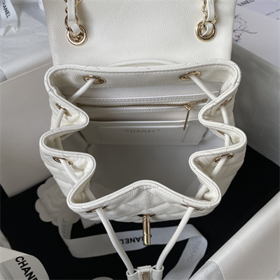 Cha.nel Backpack Grained Calfskin Gold Tone Metal White AS4058