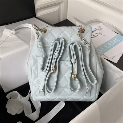 Cha.nel Backpack Grained Calfskin Gold Tone Metal Blue AS4059