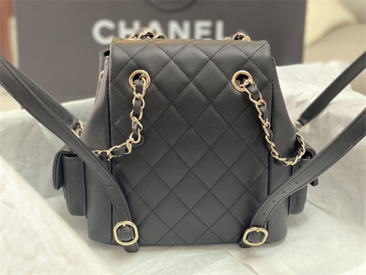 Cha.nel Backpack Grained Calfskin Gold Tone Metal Black AS4398