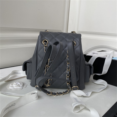 Cha.nel Backpack Grained Calfskin Gold Tone Metal Grey AS4398