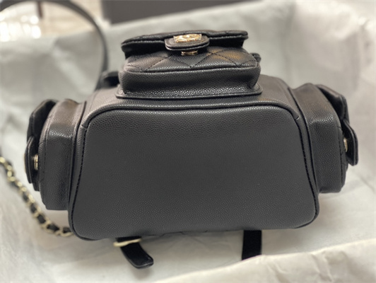 Cha.nel Backpack Grained Calfskin Gold Tone Metal Black AS4399