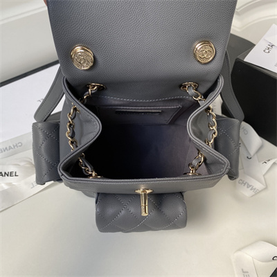 Cha.nel Backpack Grained Calfskin Gold Tone Metal Grey AS4399