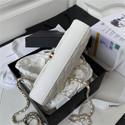 Cha.nel Clutch With Chain Top Handle Grained Calfskin Gold Tone Metal White AP3238