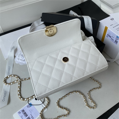 Cha.nel Clutch With Chain Top Handle Grained Calfskin Gold Tone Metal White AP3238