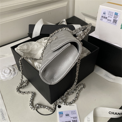 Cha.nel Clutch With Chain Top Handle Grained Calfskin Gold Tone Metal Silver AP3238