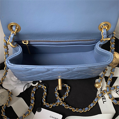 cha.nel S*per mini flap bag lambskin with ball gold tone metal blue as1786