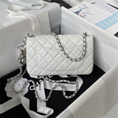 Cha.nel Mini Flap Bag Lambskin With Ball Silver Tone Metal White AS1787