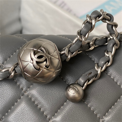 Cha.nel Mini Flap Bag Lambskin With Ball Silver Tone Metal Dark Grey AS1787