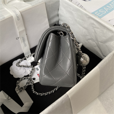 Cha.nel Mini Flap Bag Lambskin With Ball Silver Tone Metal Dark Grey AS1787