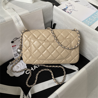Cha.nel Mini Flap Bag Lambskin With Ball Silver Tone Metal Beige AS1787