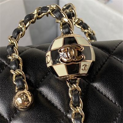Cha.nel Mini Flap Bag Lambskin Football Gold Tone Metal Black AS1787