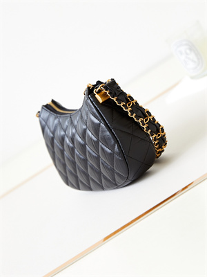 Cha.nel Mini Hobo Bag Aged Calfskin Gold Tone Metal Black AS3647