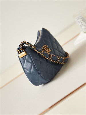 Cha.nel Mini Hobo Bag Aged Calfskin Gold Tone Metal Navy AS3647