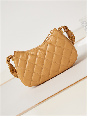 Cha.nel Mini Hobo Bag Aged Calfskin Gold Tone Metal Brown AS3647