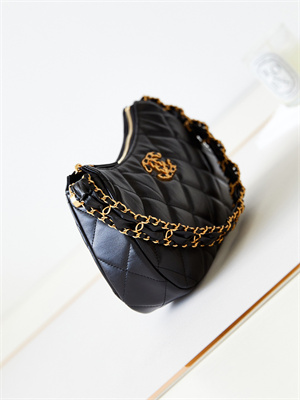 Cha.nel Hobo Bag Aged Calfskin Gold Tone Metal Black AS4422