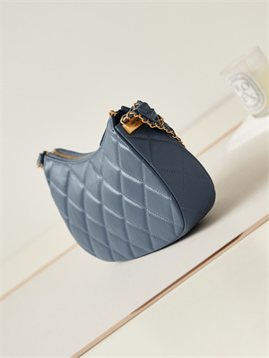 Cha.nel Hobo Bag Aged Calfskin Gold Tone Metal Navy AS4422