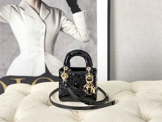 CD Micro Lady Di.or Bag Patent Cannage Calfskin Gold Tone Metal Black