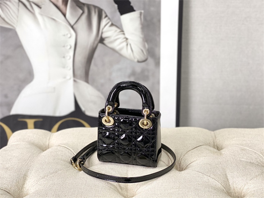 CD Micro Lady Di.or Bag Patent Cannage Calfskin Gold Tone Metal Black