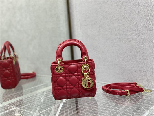 CD Micro Lady Di.or Bag Cannage Lambskin Gold Tone Metal Red