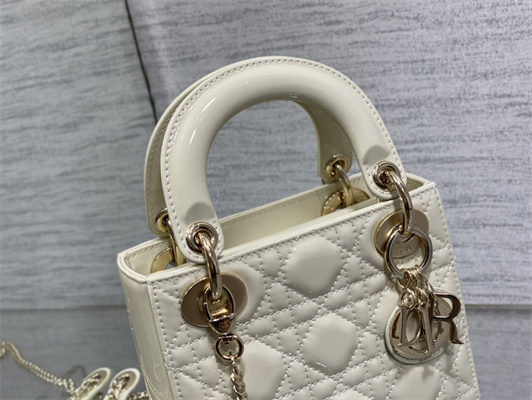 CD Mini Lady Di.or Bag Patent Cannage Calfskin Gold Tone Metal White