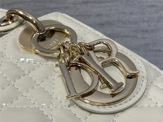 CD Mini Lady Di.or Bag Patent Cannage Calfskin Gold Tone Metal White