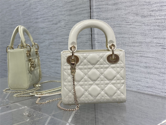 CD Mini Lady Di.or Bag Patent Cannage Calfskin Gold Tone Metal White