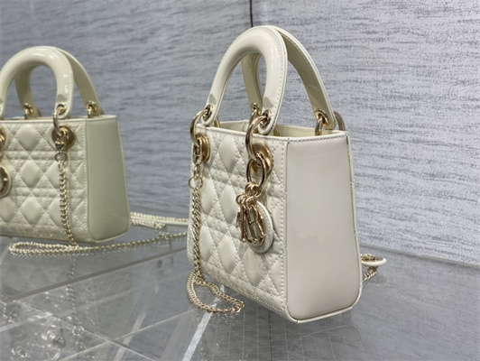 CD Mini Lady Di.or Bag Patent Cannage Calfskin Gold Tone Metal White