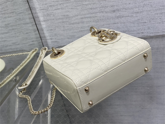CD Mini Lady Di.or Bag Patent Cannage Calfskin Gold Tone Metal White