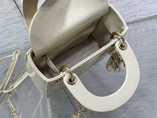 CD Mini Lady Di.or Bag Patent Cannage Calfskin Gold Tone Metal White
