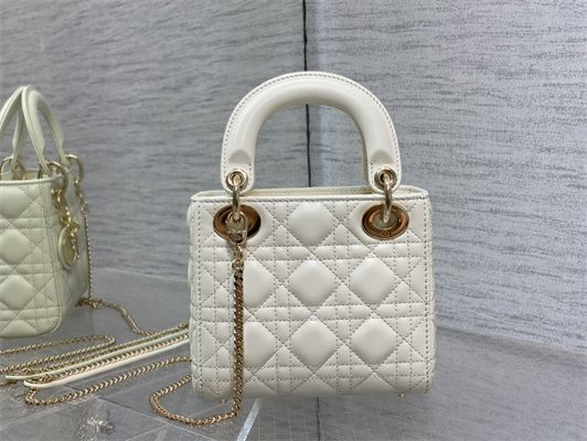 CD Mini Lady Di.or Bag Cannage Lambskin Enamel Charms Gold Tone Metal White