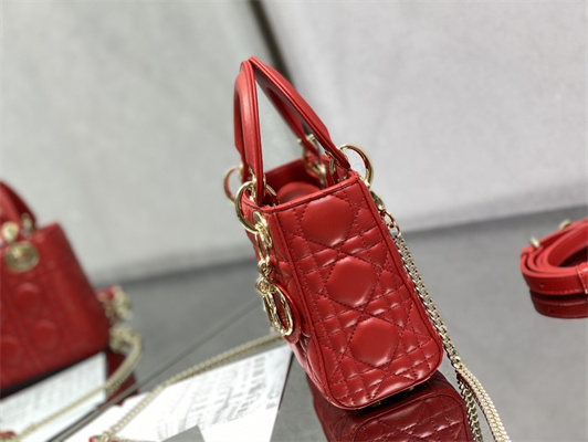CD Mini Lady Di.or Bag Cannage Lambskin Gold Tone Metal Red