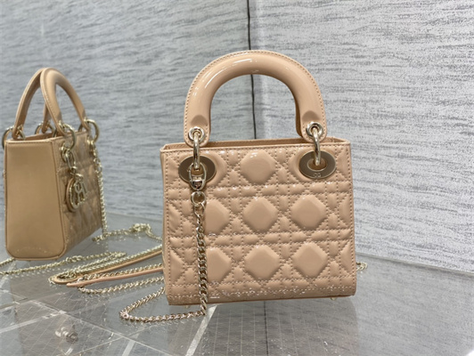 CD Mini Lady Di.or Bag Patent Cannage Calfskin Gold Tone Metal Nude Pink