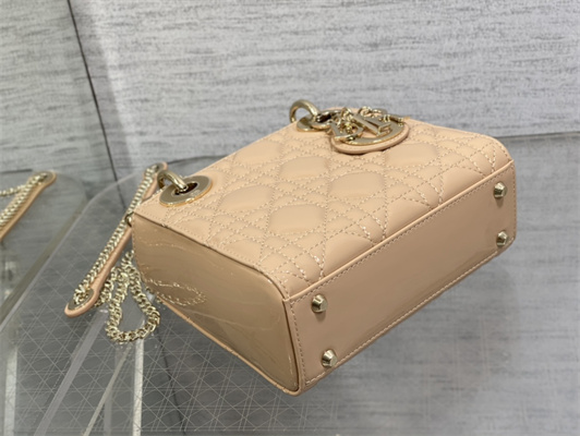 CD Mini Lady Di.or Bag Patent Cannage Calfskin Gold Tone Metal Nude Pink