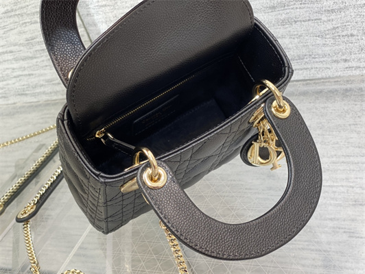 CD Mini Lady Di.or Bag Cannage Grained Calfskin Gold Tone Metal Black