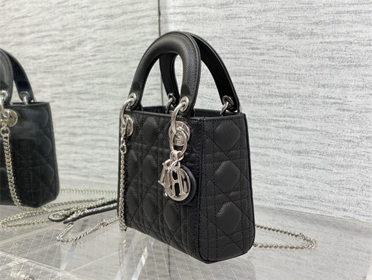 CD Mini Lady Di.or Bag Cannage Grained Calfskin Silver Tone Metal Black