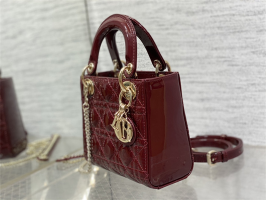 CD Mini Lady Di.or Bag Patent Cannage Calfskin Gold Tone Metal Burgundy