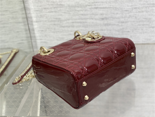 CD Mini Lady Di.or Bag Patent Cannage Calfskin Gold Tone Metal Burgundy