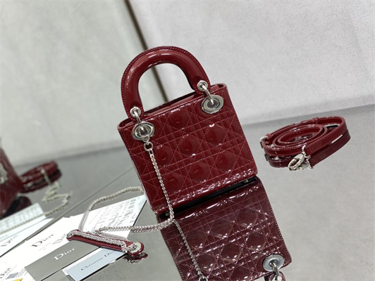 CD Mini Lady Di.or Bag Patent Cannage Calfskin Silver Tone Metal Burgundy