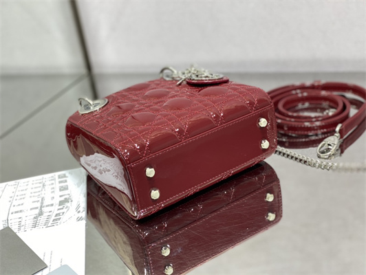 CD Mini Lady Di.or Bag Patent Cannage Calfskin Silver Tone Metal Burgundy