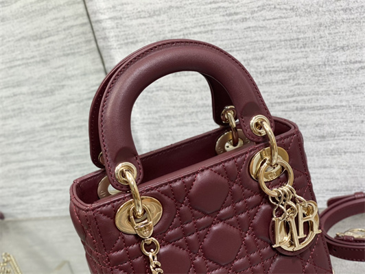 CD Mini Lady Di.or Bag Cannage Lambskin Gold Tone Metal Burgundy